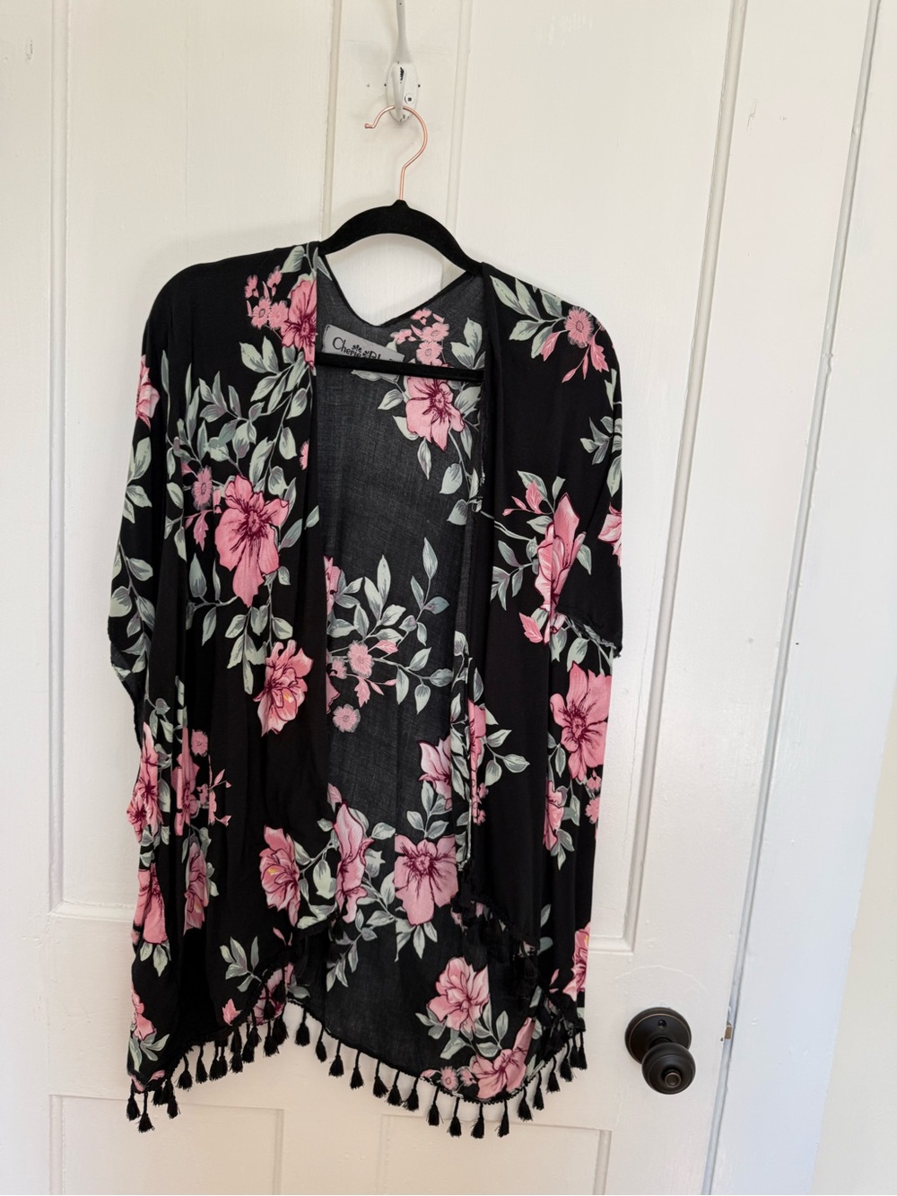 Floral Tassel Kimono Cardigan - Black with Pink Floral